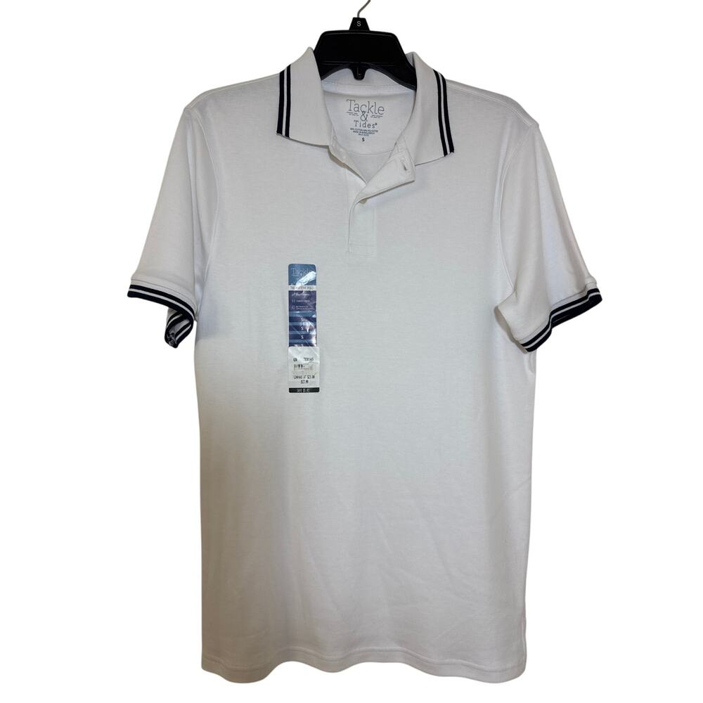 NWT Tackle & Tides Small Anytime Polo White Navy Trim Softness Stretch